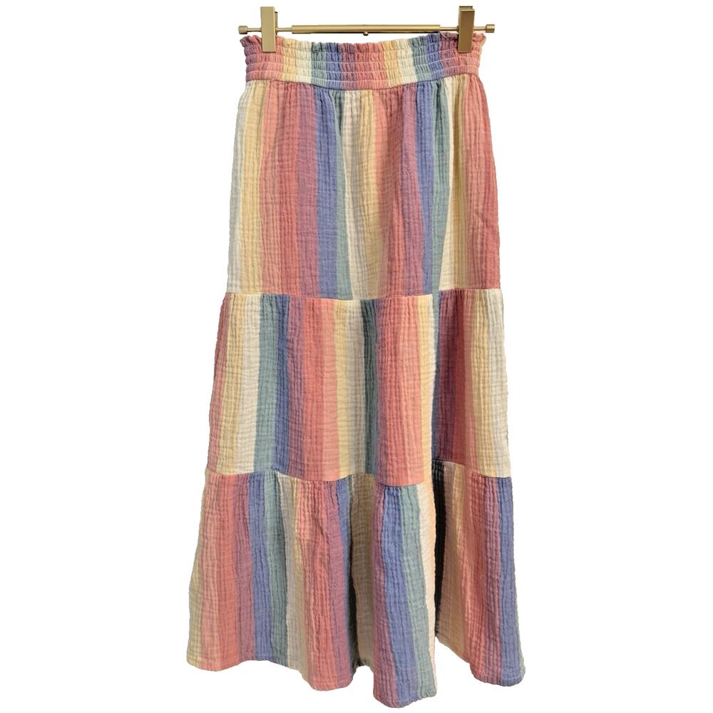 Marine Layer Skirt Corrine Rainbow Stripe Gauze Tiered XS Maxi Midi Pockets